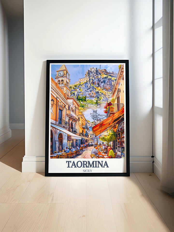 Italy wall art featuring Corso Umberto and Piazza IX Aprile in Taormina. This art print beautifully captures the historic and vibrant atmosphere of Taormina, with detailed illustrations of Corso Umberto and the lively Piazza IX Aprile.