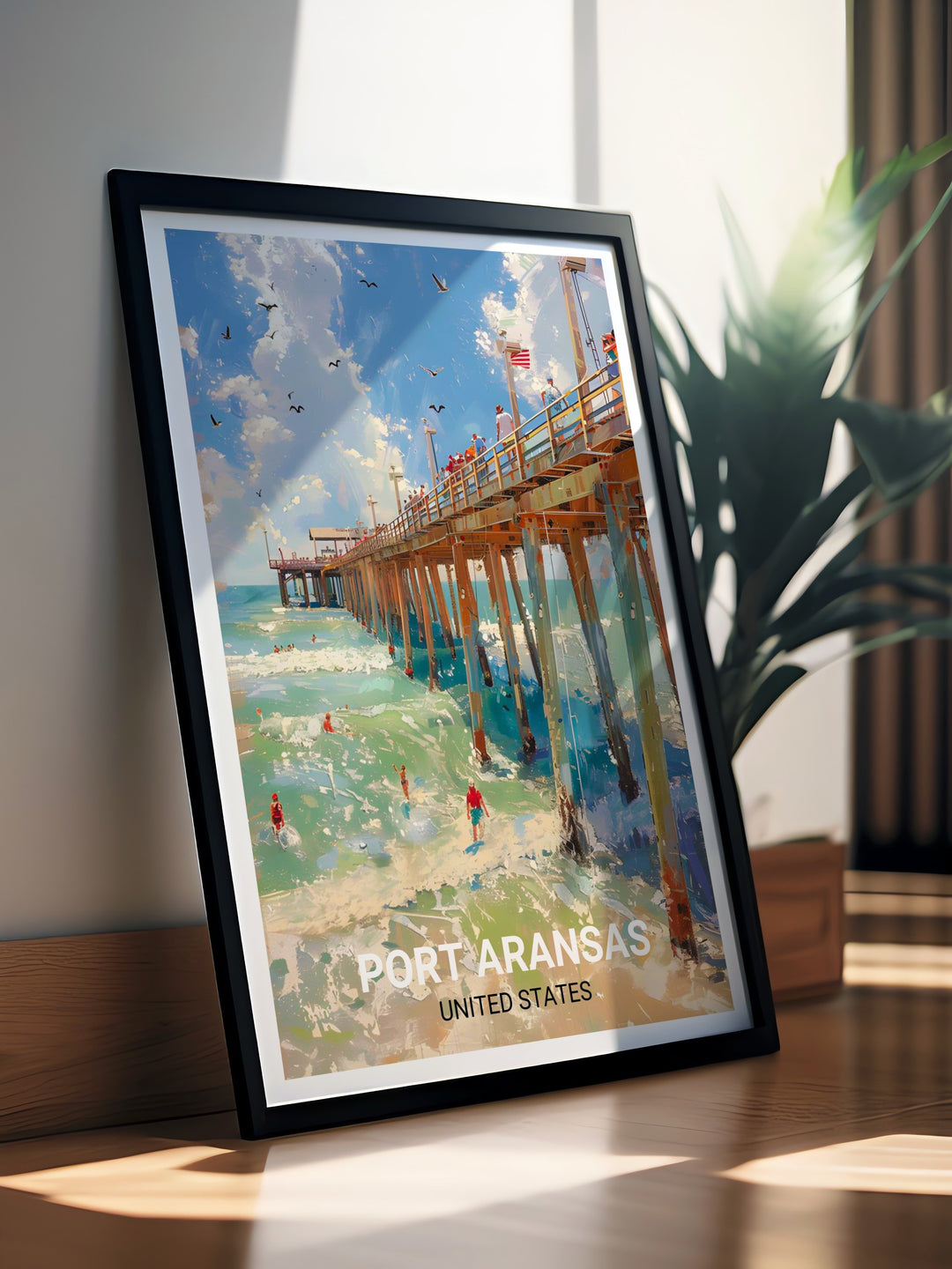 A stunning art print of Port Aransas, featuring the iconic Horace Caldwell Pier against the backdrop of the Gulf of Mexico. This piece captures the serene coastal beauty of Mustang Island, making it a perfect addition to your home decor.