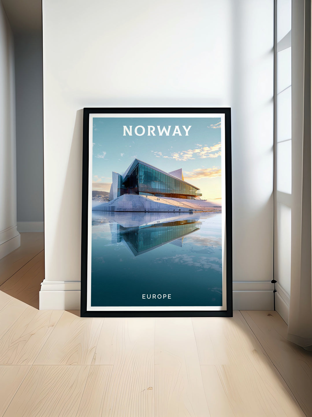 Flekkefjord poster featuring Norwegian mountains and charming streets perfect for modern home art with Oslo Opera House Layout stunning living room decor