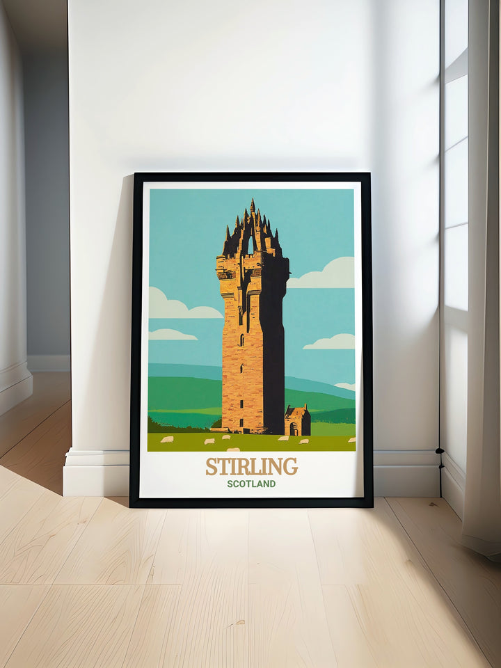 The National Wallace Monument, a towering tribute to William Wallace, is highlighted in this stunning Scotland travel poster. Whether for your home or as a thoughtful gift, this print adds a piece of Scotlands legacy to any room.