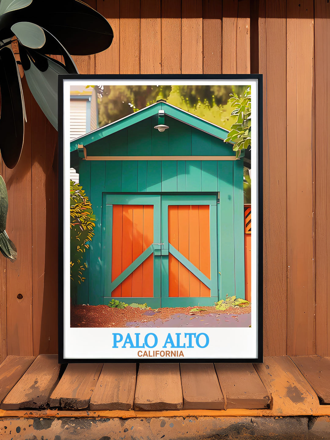 Vintage Palo Alto skyline poster including the Hewlett Packard Garage. This travel poster print features a detailed cityscape of Palo Alto with the historic Hewlett Packard Garage, making it a unique addition to home or office decor.
