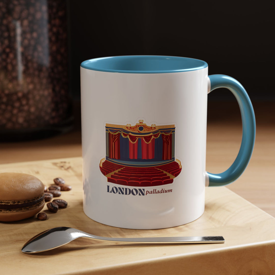 A ceramic London Palladium mug showcasing detailed designs inspired by the renowned venue. Perfect for coffee or tea enthusiasts, it combines elegance with durability, making it an ideal gift or a meaningful keepsake for fans of London’s rich theater history.