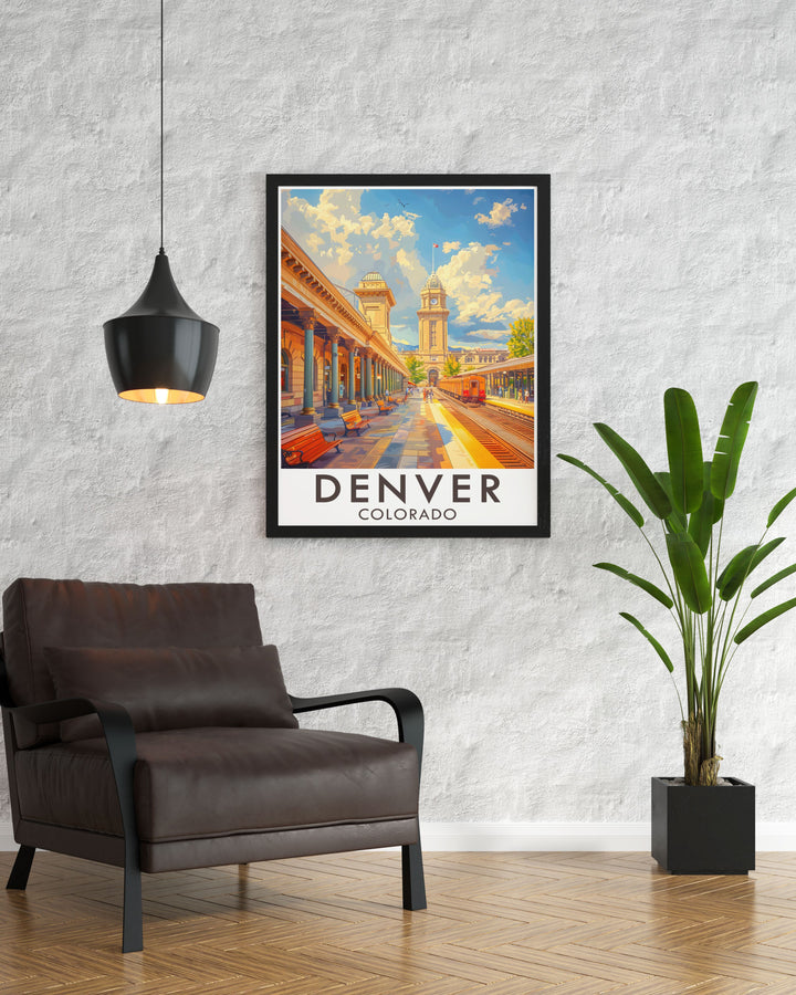 Featuring Denver Union Station, this art print highlights the historic Beaux Arts architecture and its central role in the citys history, perfect for any travel enthusiasts collection.