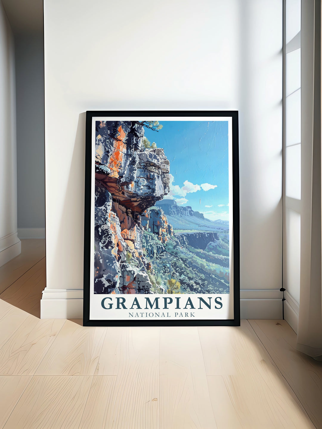 This Grampians travel print offers a unique glimpse into one of Australias most scenic locations. The artwork features the Hollow Mountains, with their towering cliffs and serene surroundings, making it an ideal choice for nature lovers. Bring the beauty of Australias wilderness into your home with this detailed travel print.