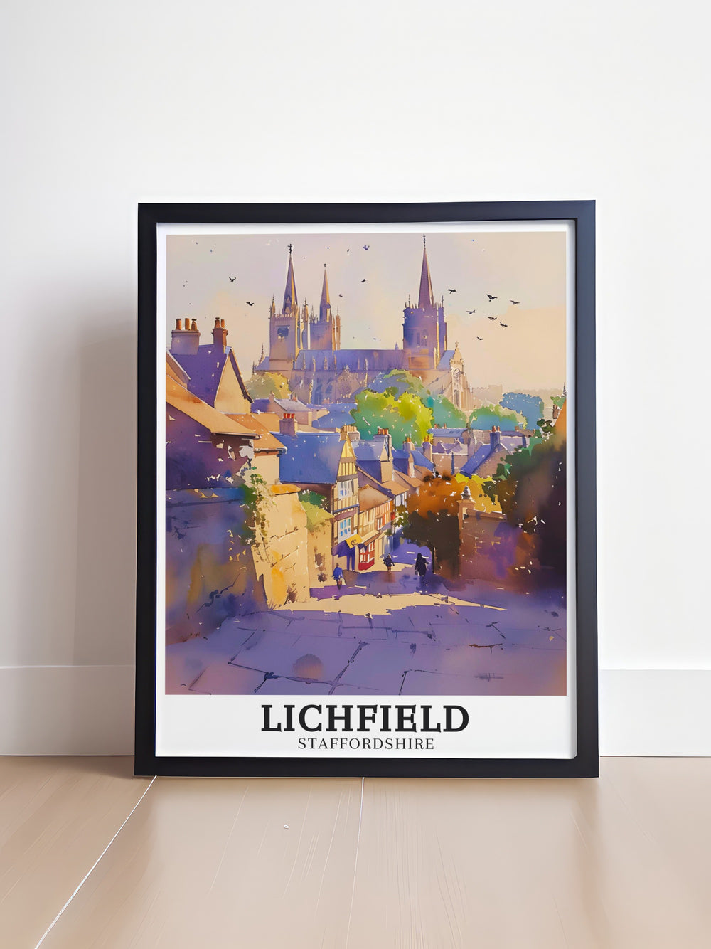 This Lichfield wall art showcases the intricate details of Lichfield Cathedrals Gothic spires, set against the peaceful greenery of The Close. Perfect for anyone who appreciates English history and architecture, this artwork captures the beauty of Staffordshires iconic landmarks.