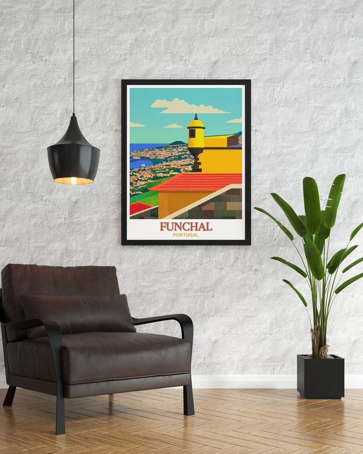 São Tiago Fortress travel print highlighting the striking architecture and historical significance of this Funchal landmark. The prints vibrant colors and detailed depiction make it a great choice for anyone looking to enhance their home decor with a piece of Portugals rich history.