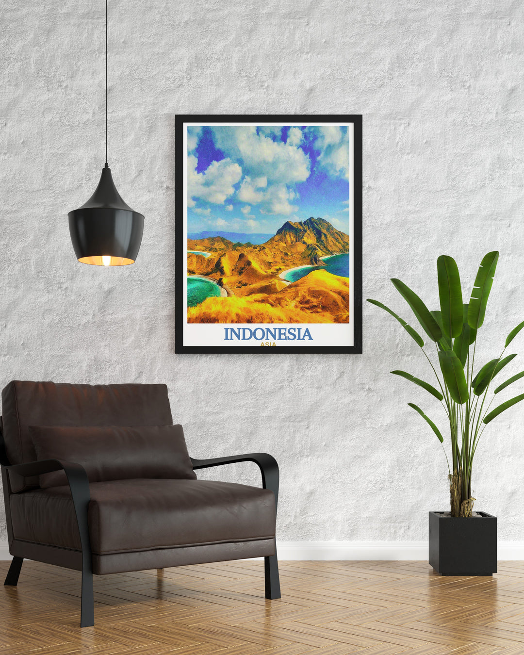 Komodo National Park and Bali captured in a single Indonesia travel print. This artwork celebrates both the exotic wildlife of Komodo and the cultural richness of Bali, perfect for your living room or office.