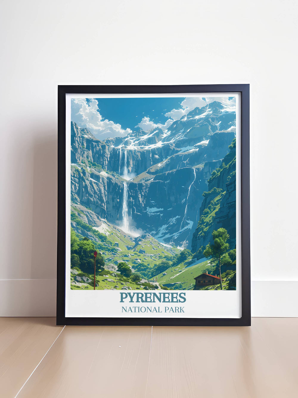 Retro travel poster of Cirque de Gavarnie capturing the majestic beauty of the Pyrenees France ideal for a sophisticated living space.