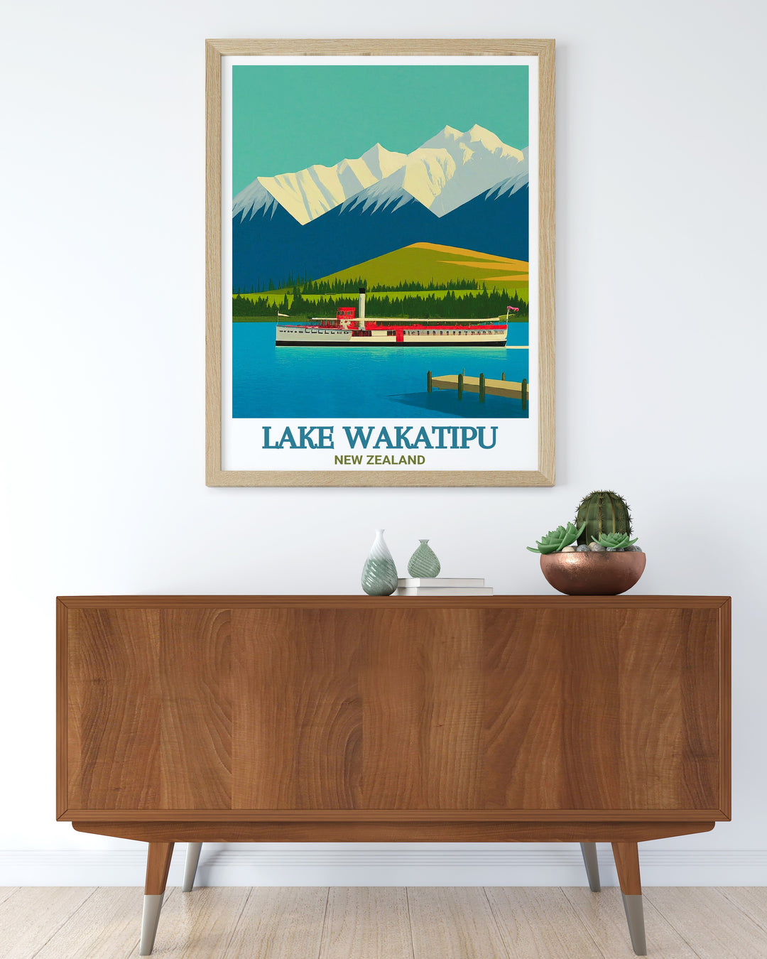 Featuring the peaceful waters of Lake Wakatipu set against The Remarkables, this New Zealand travel print offers a unique and serene addition to any room. Ideal for nature inspired décor, this artwork brings the outdoors inside.