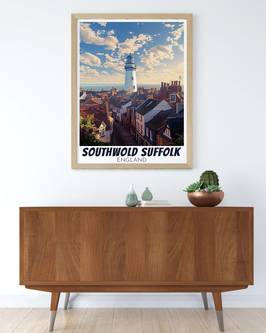 Retro Seaside Poster depicting the SouthwoldLighthouse and vibrant beach huts in Southwold a perfect choice for those who appreciate UK travel prints and coastal artwork ideal for adding a nostalgic touch to your home decor