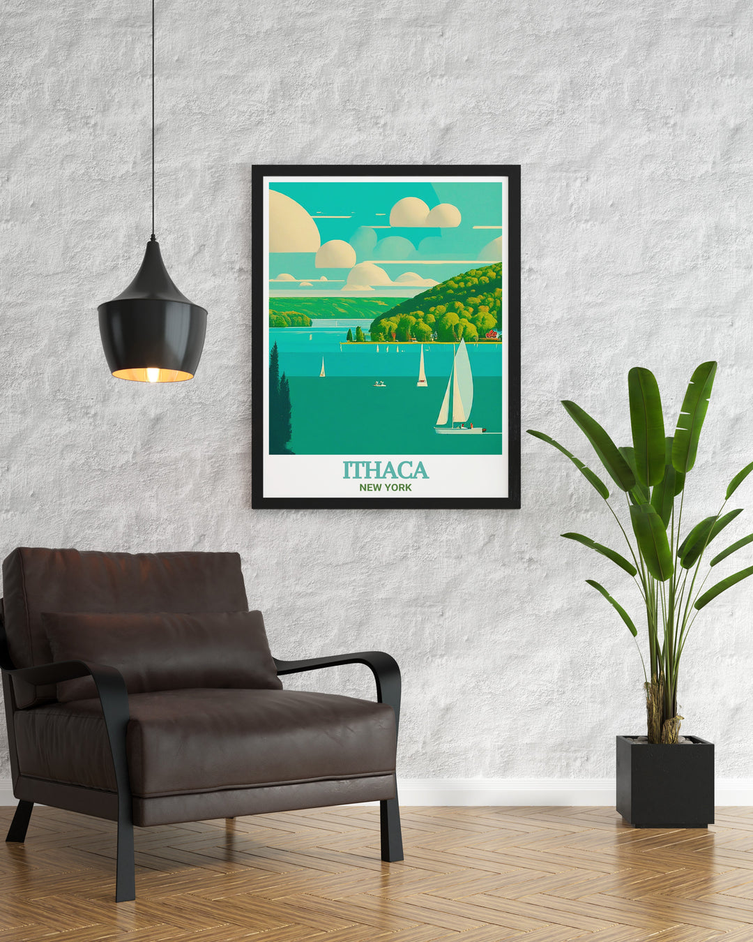 Beautiful Ithaca art print showcasing the serene landscapes of Cayuga Lake. This vibrant and detailed illustration captures the essence of Ithacas natural beauty, perfect for adding a touch of tranquility to your home.