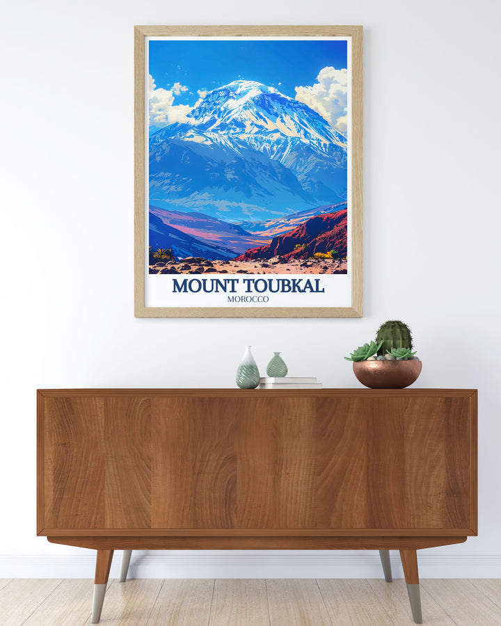 Stunning High Atlas mountains national park print capturing the breathtaking views of Mount Toubkal and traditional Berber villages a perfect piece for home decor and a thoughtful Moroccan gift that inspires wanderlust and admiration for Moroccos wilderness.