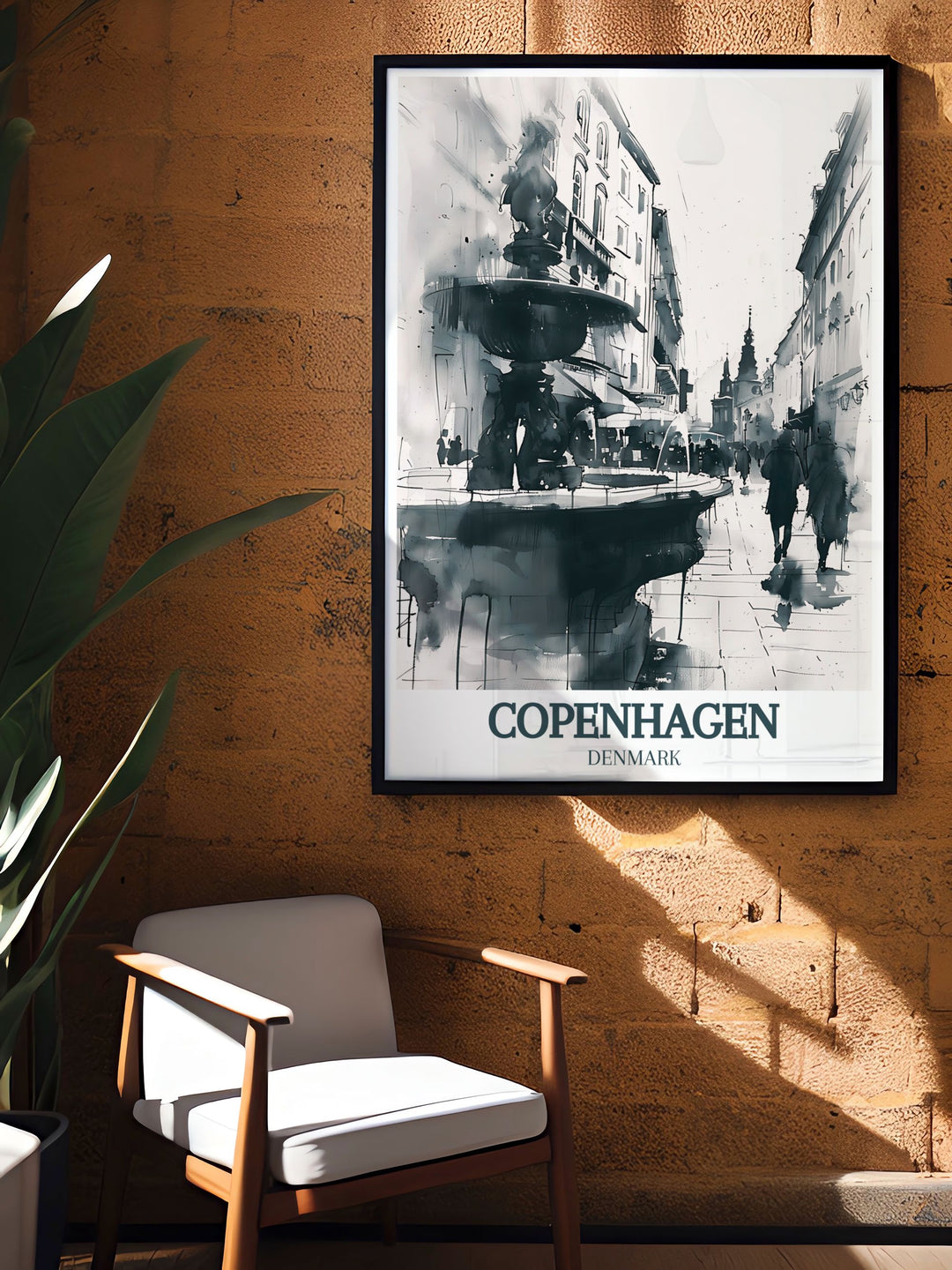 Transform your space with this beautiful Copenhagen artwork of Stroget street, Stork Fountain. The vibrant colors and intricate details capture the essence of Denmarks bustling urban life, making it a perfect addition to any room.