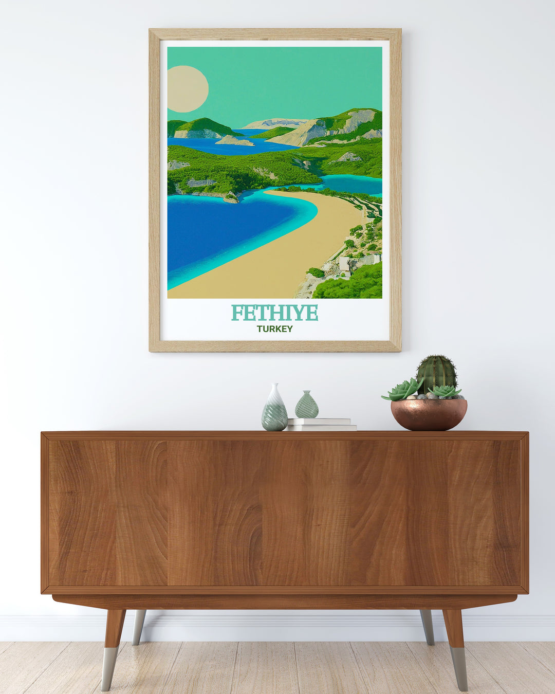 Art print of Ölüdeniz Beach featuring vibrant turquoise waters and sandy shores. This Turkey print brings the tranquility of Fethiyes beautiful beach into your living space, ideal for beach enthusiasts and art lovers.