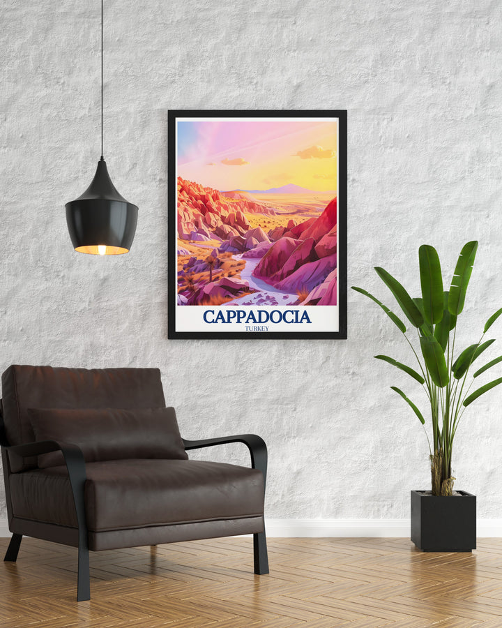 Capture the beauty of Cappadocias Rose & Red Valley with this travel poster. The glowing rock formations and peaceful landscape create a serene atmosphere, making it an ideal addition to your home decor.