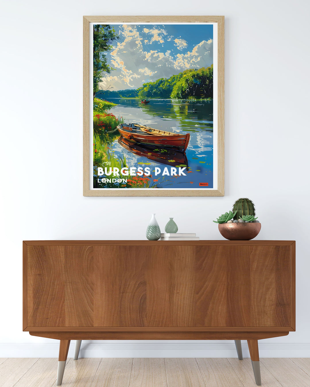 Custom print of Burgess Park Lake, offering personalized options to suit your style. This print captures the natural beauty of the lake and surrounding greenery, providing a unique and meaningful way to celebrate Londons urban parks.