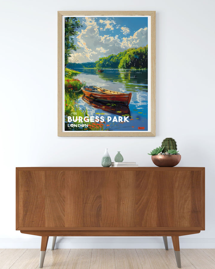Custom print of Burgess Park Lake, offering personalized options to suit your style. This print captures the natural beauty of the lake and surrounding greenery, providing a unique and meaningful way to celebrate Londons urban parks.