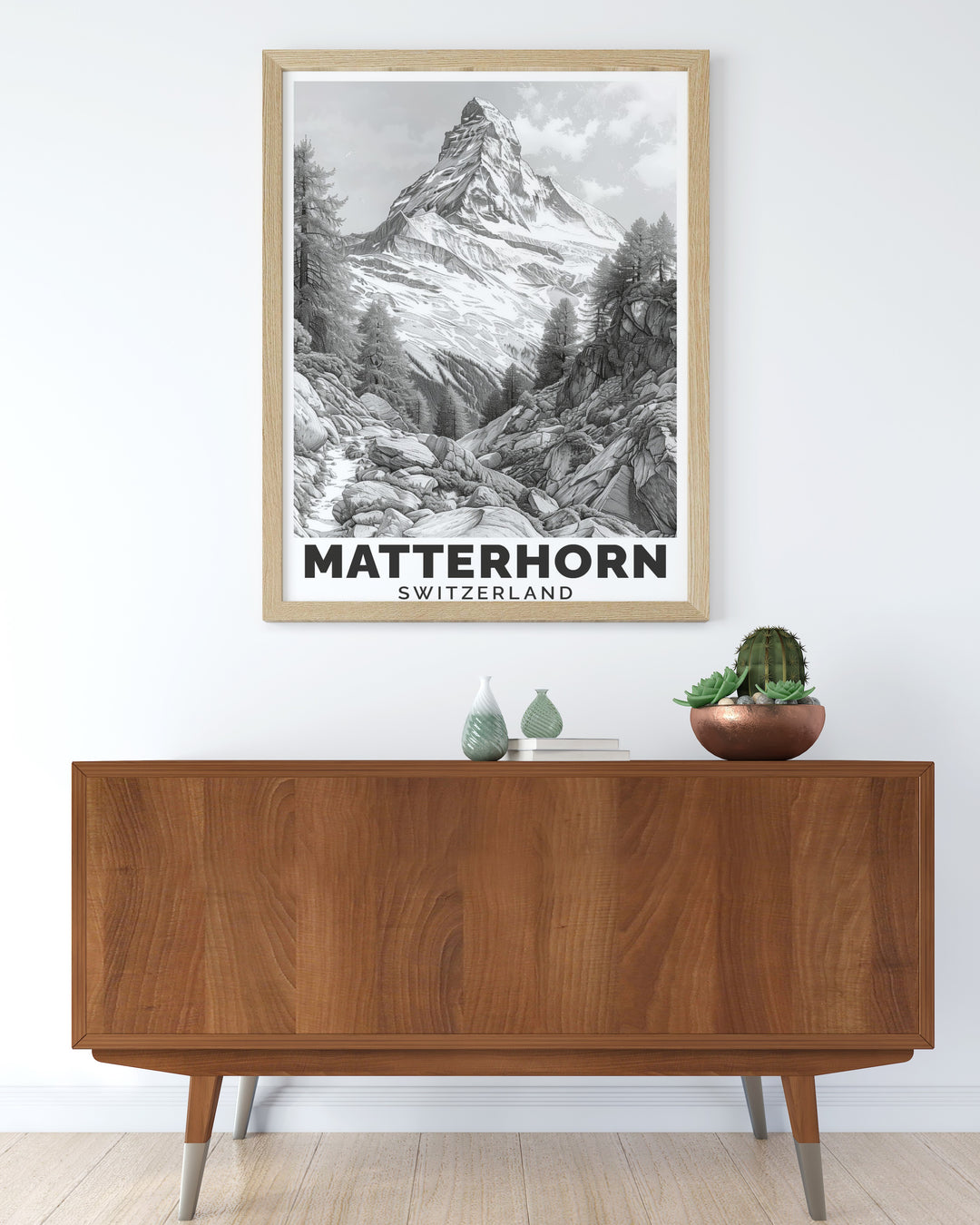 Matterhorn Snowboarding Poster featuring detailed mountain scenery with a vintage touch perfect for ski resort decor and bucket list prints