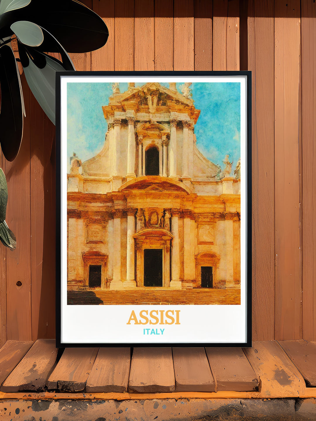 Elegant Italy wall decor showcasing the Basilica of Saint Francis of Assisi in Assisi. This travel print offers a detailed portrayal of the basilicas architectural beauty and spiritual significance, making it a cherished gift for those who love Italy and its cultural heritage