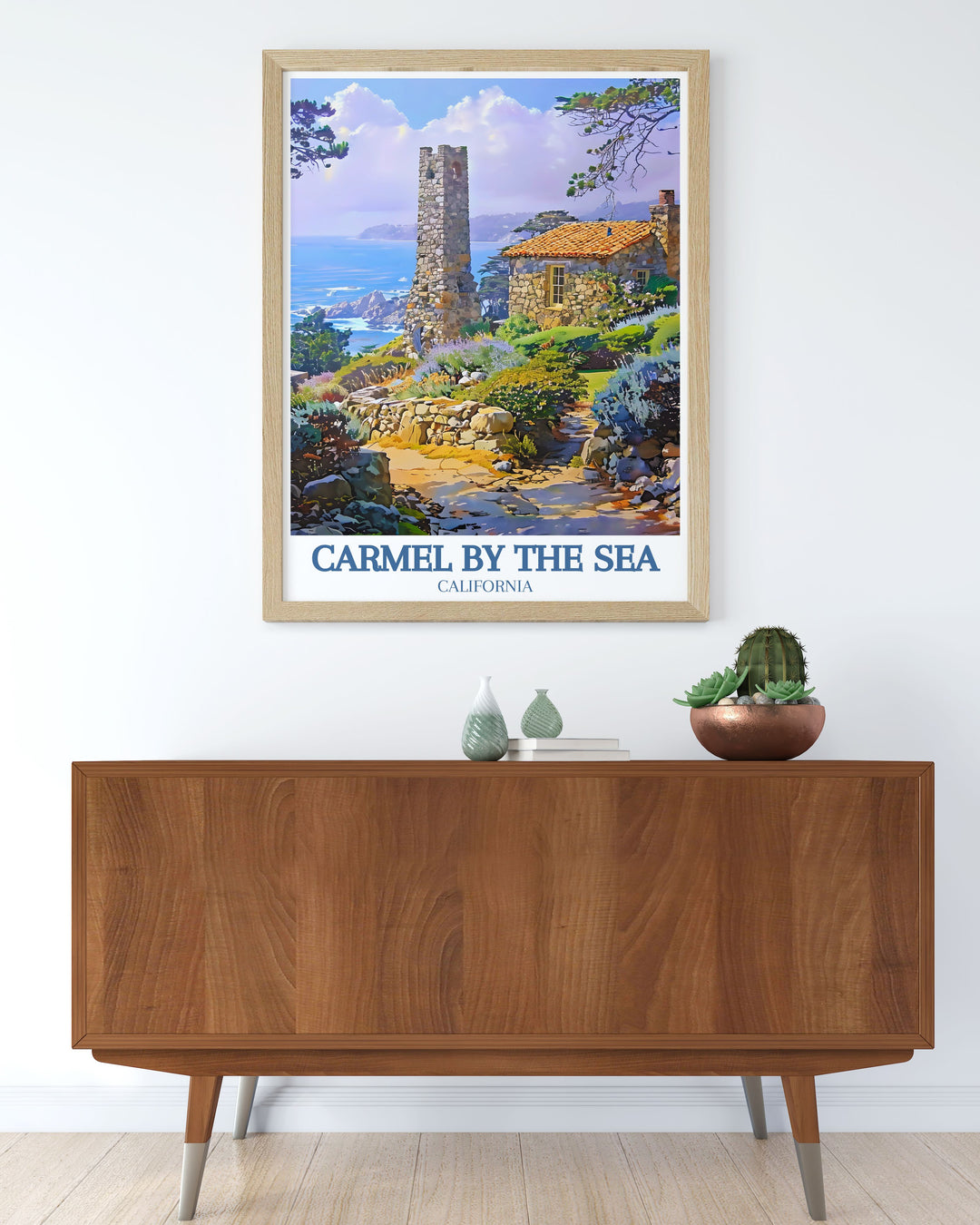 This detailed travel poster captures the historic beauty of Tor House in Carmel by the Sea, California, highlighting its unique architecture and stunning ocean views, making it a perfect addition to any home decor. Ideal for lovers of historical landmarks and coastal charm.