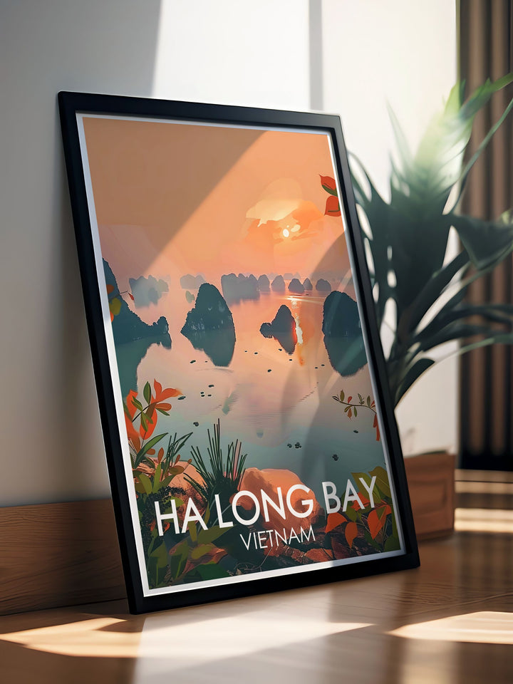 This detailed illustration of Ha Long Bay features the tranquil waters and hidden caves, offering a picturesque view of one of Asias most beautiful destinations, perfect for enhancing your home decor.