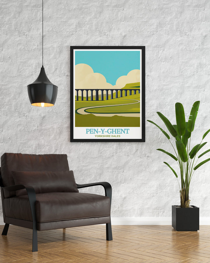 Ribblehead Viaduct art print featuring the dramatic structure and the majestic Pen Y Ghent. This detailed artwork highlights the unique features and serene landscape, ideal for adding a touch of nature to any room.