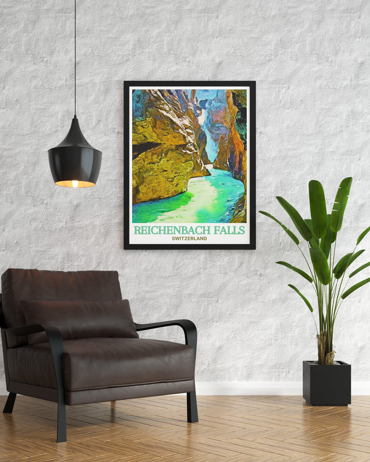 A breathtaking depiction of Switzerlands Reichenbach Falls and Rosenlaui Glacier Gorge, this travel print offers a stunning view of the alpine wonders. Perfect for wall art, this piece adds natural elegance to any room and makes a thoughtful travel gift.