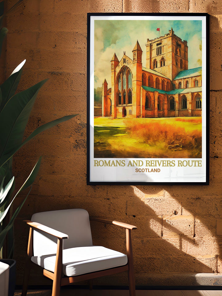 Celebrate Scotlands Great Trail with this stunning Romans and Reivers Route poster print featuring Hexham Abbey perfect for vintage travel print collectors and fans of the Scottish Borders a great gift for hikers and nature lovers alike.