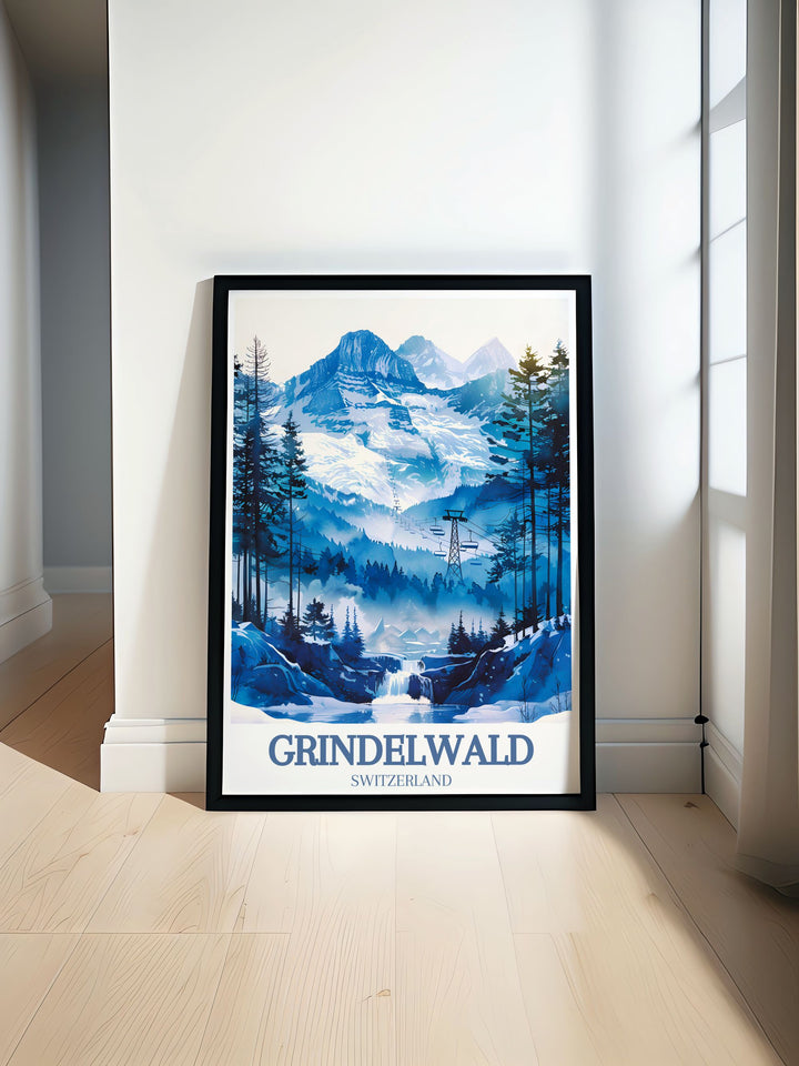 A detailed illustration of Grindelwald Ski Resort in the Swiss Alps, showcasing the picturesque village and surrounding mountains, perfect for adding a touch of alpine beauty to your home decor.
