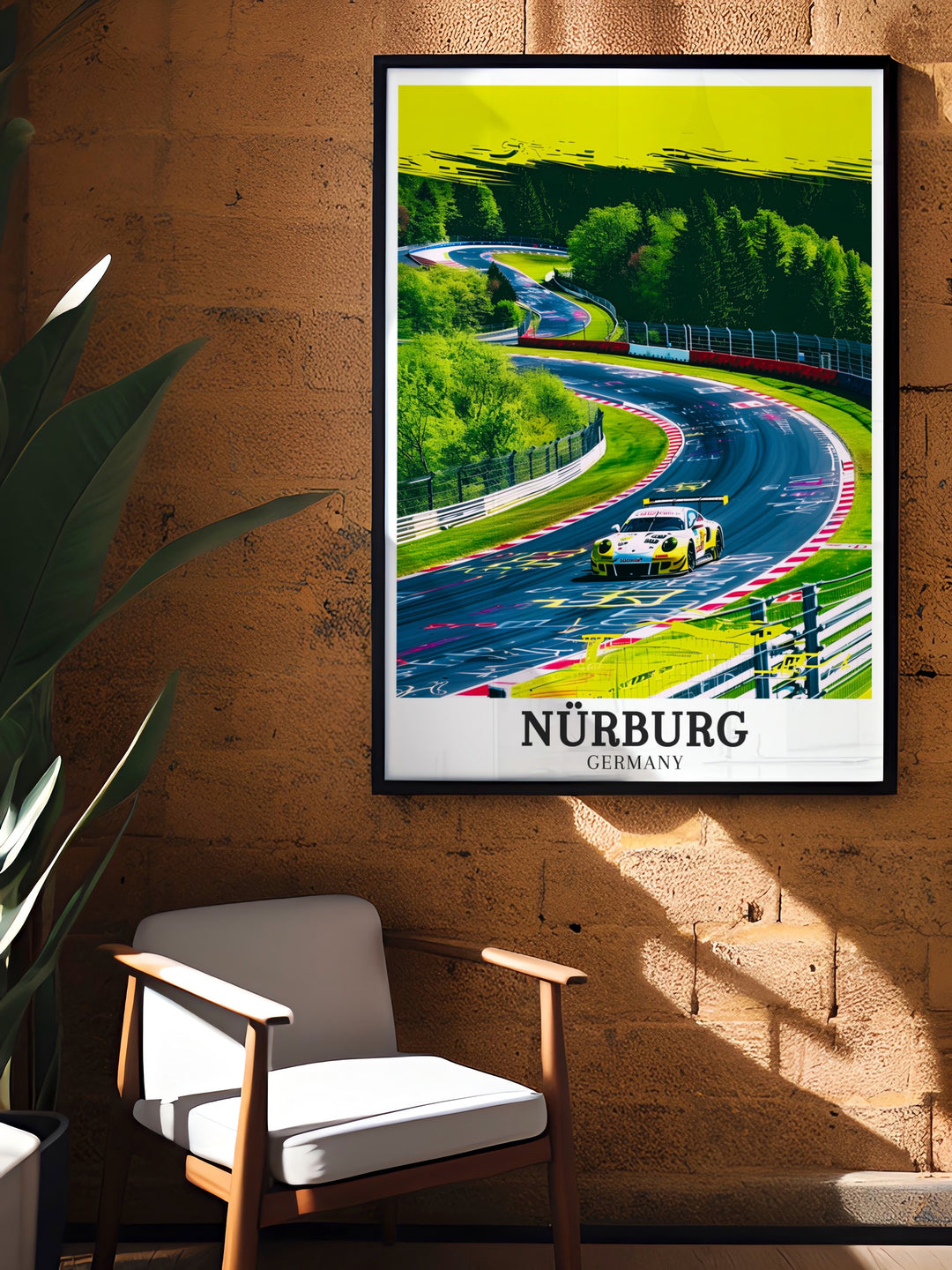 This Nürburg poster art combines the excitement of the Nürburgring race track with the tranquility of Ahrweilers vineyards. Perfect for your living room or office, it showcases Germanys rich motorsport heritage.