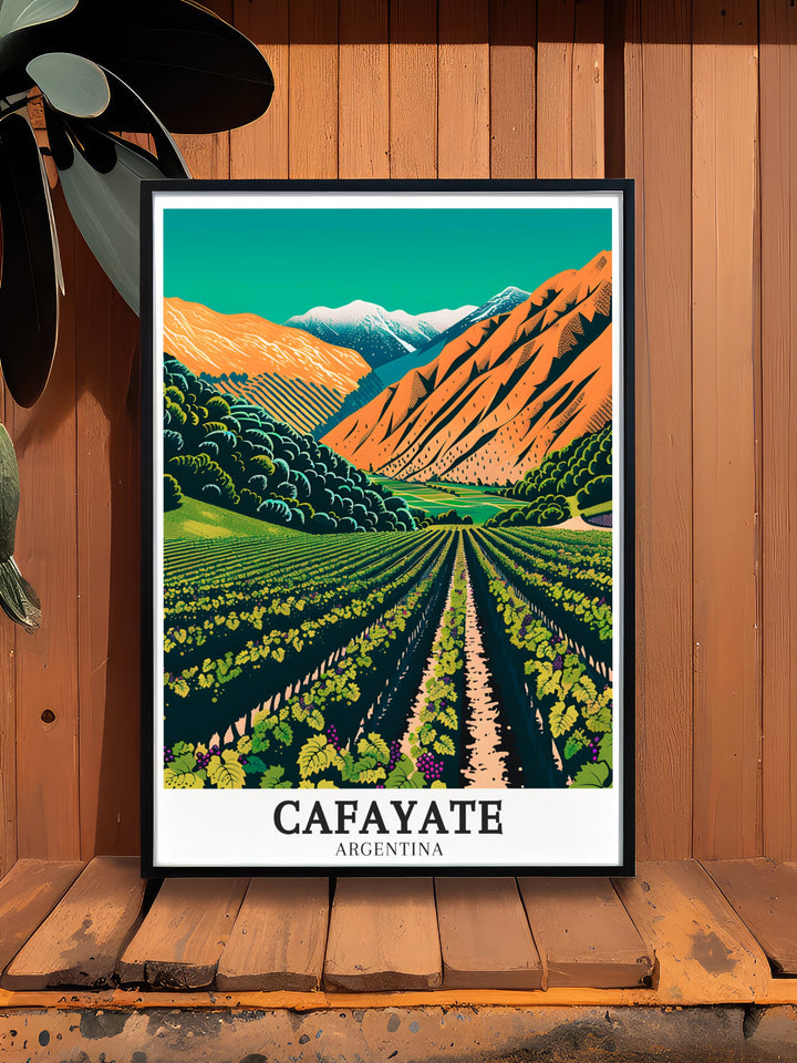 Cafayate Wine Tour Framed Art captures the beauty of Argentinas vineyards with rich detail and vibrant colors. This artwork combines the lush greenery of Cafayates wine region with the stark cliffs of Cuesta del Obispo.