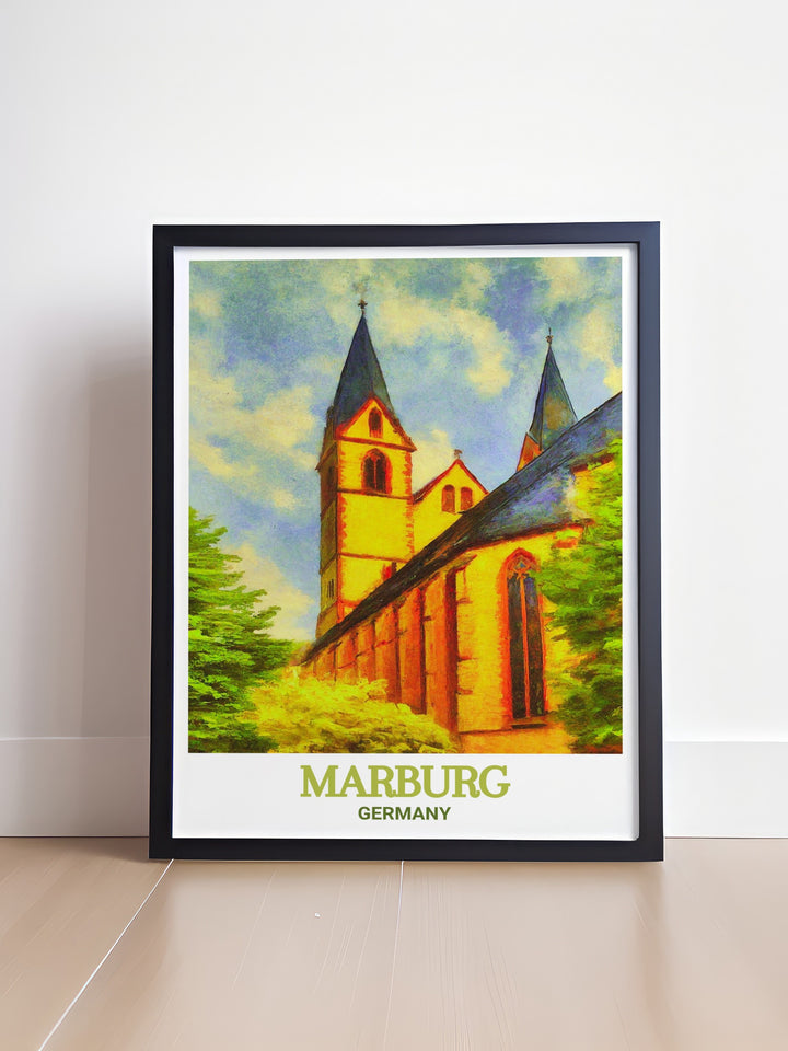 Immerse yourself in the history of Marburg with this St. Elizabeths Church decor print. The detailed artwork highlights the churchs significance in Germanys cultural and spiritual landscape, making it a must have for history enthusiasts and art collectors. This print offers a unique way to celebrate Marburgs architectural legacy