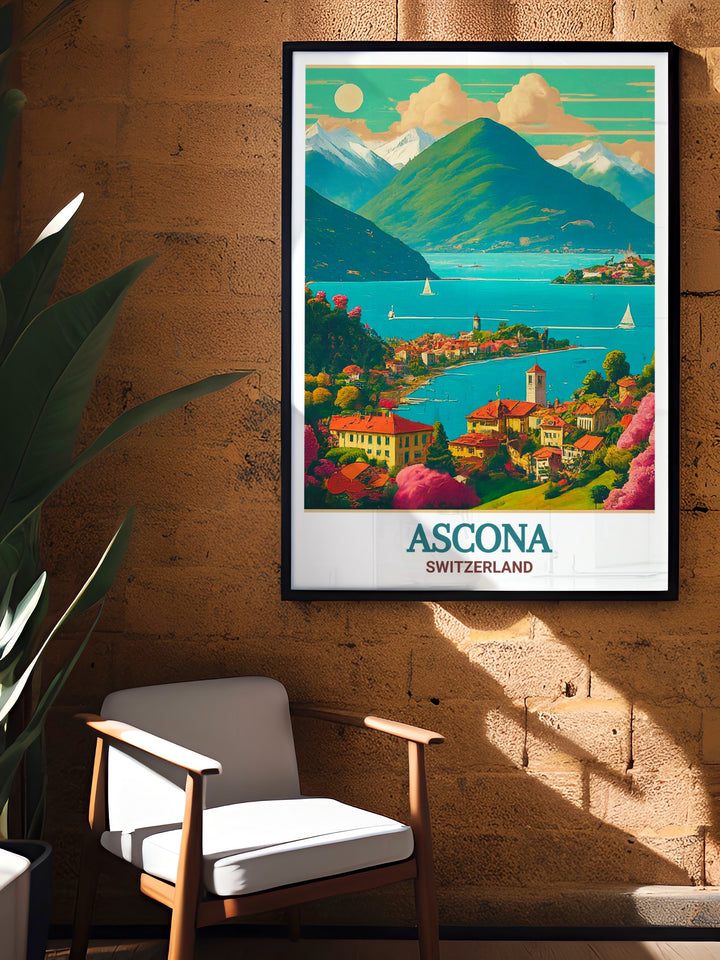 Lake Maggiore wall poster highlighting the peaceful and stunning beauty of Switzerlands famous lake, perfect for those looking to add a calming landscape to their decor.