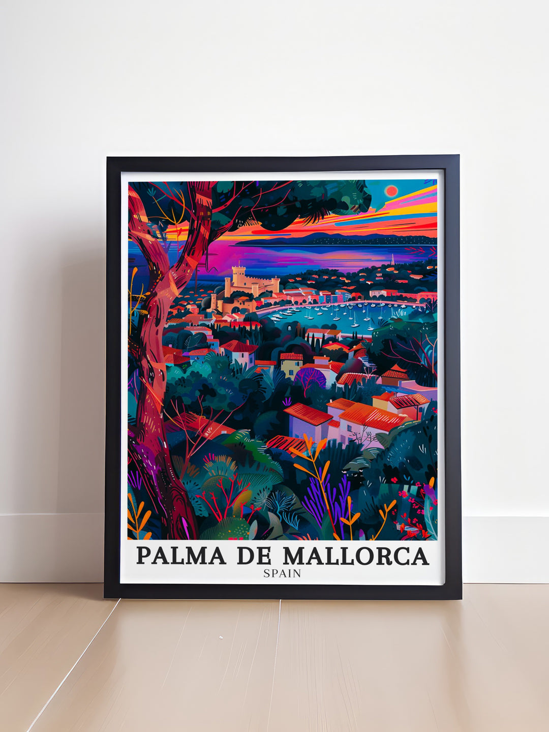 Beautiful Spain wall print capturing the charm of Bellver Castle and the scenic Palma Bay. The detailed artwork brings to life the historic and natural attractions of Palma de Mallorca, perfect for adding a touch of Spain to any room