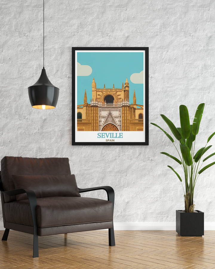 Highlighting the stunning Seville Cathedral, this Travel Print brings the architectural beauty of one of Spains most iconic landmarks into your space. Its intricate details and majestic presence make this the ideal wall art for those with a passion for Spanish history.