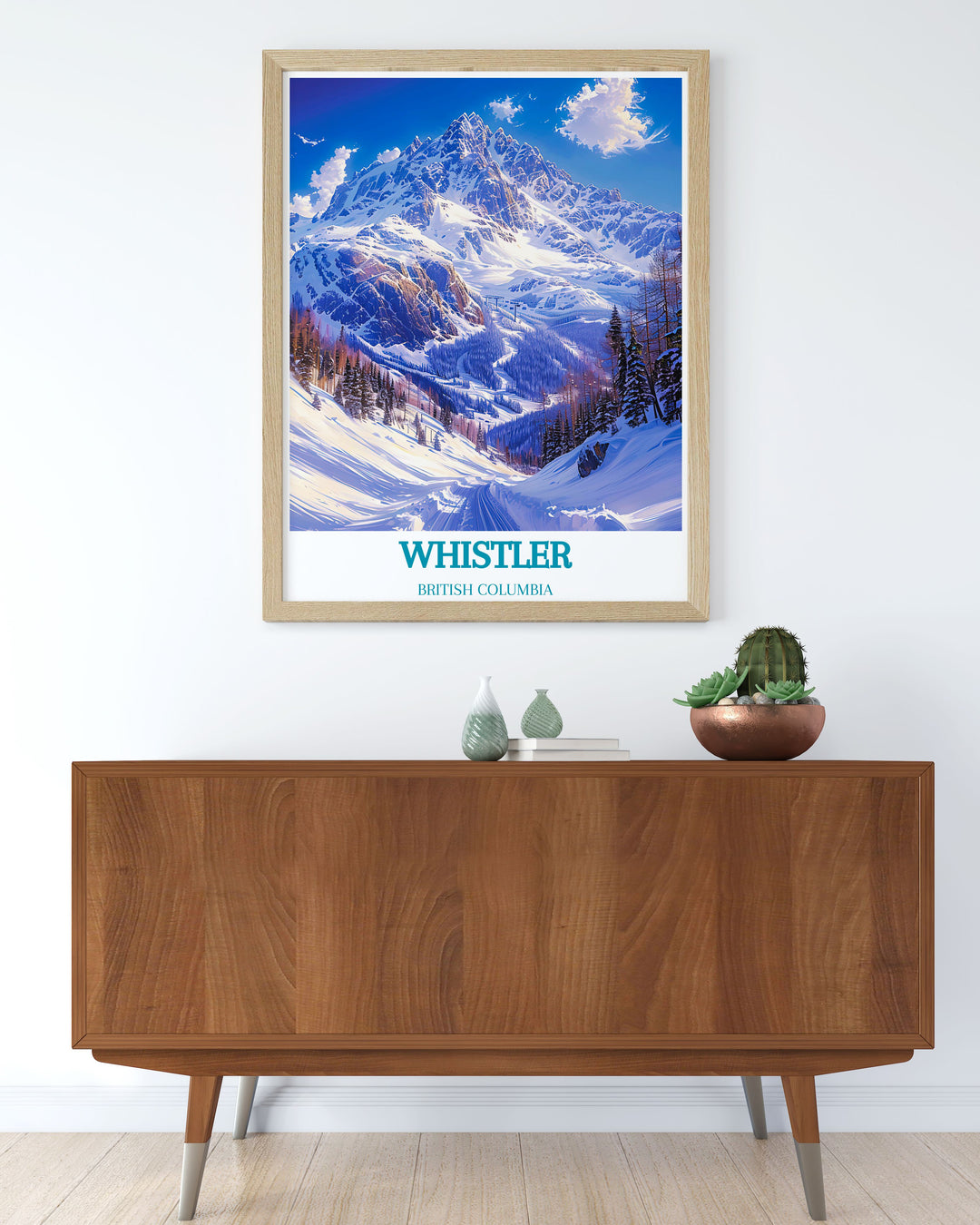 Elegant gallery wall art of Whistler Blackcomb, capturing the scenic ski slopes and bustling village. This artwork adds a touch of sophistication and natural beauty to your home, celebrating one of Canadas premier ski destinations.