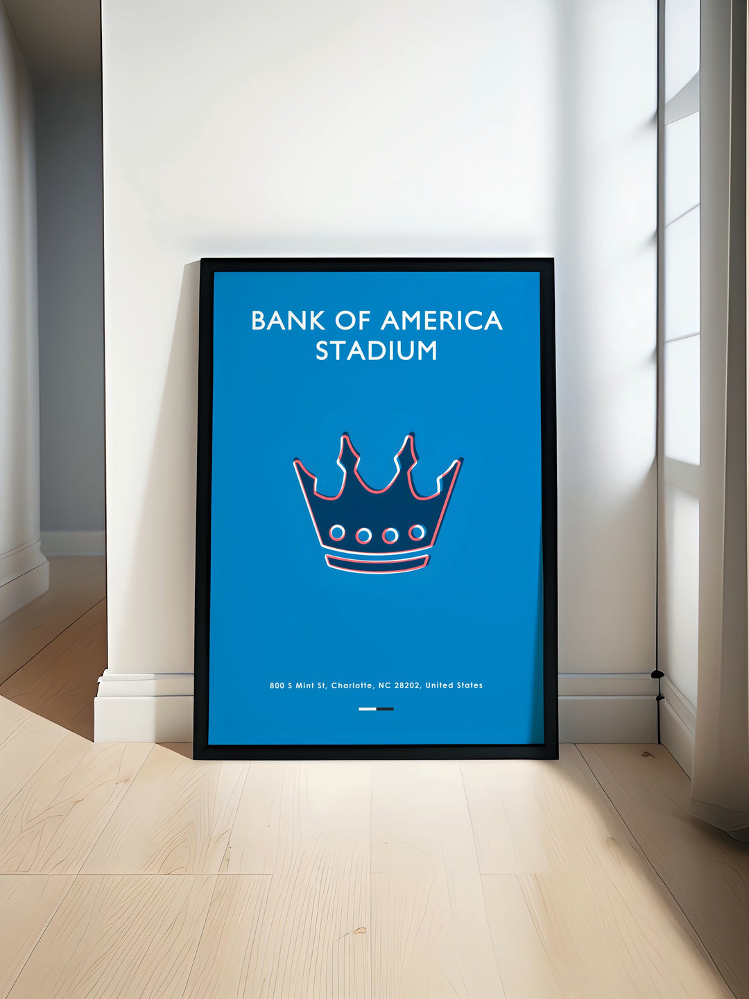 Sports Bedroom Art featuring the Carolina Panthers and Bank of America Stadium in a modern minimalist style perfect for football fans and sports enthusiasts