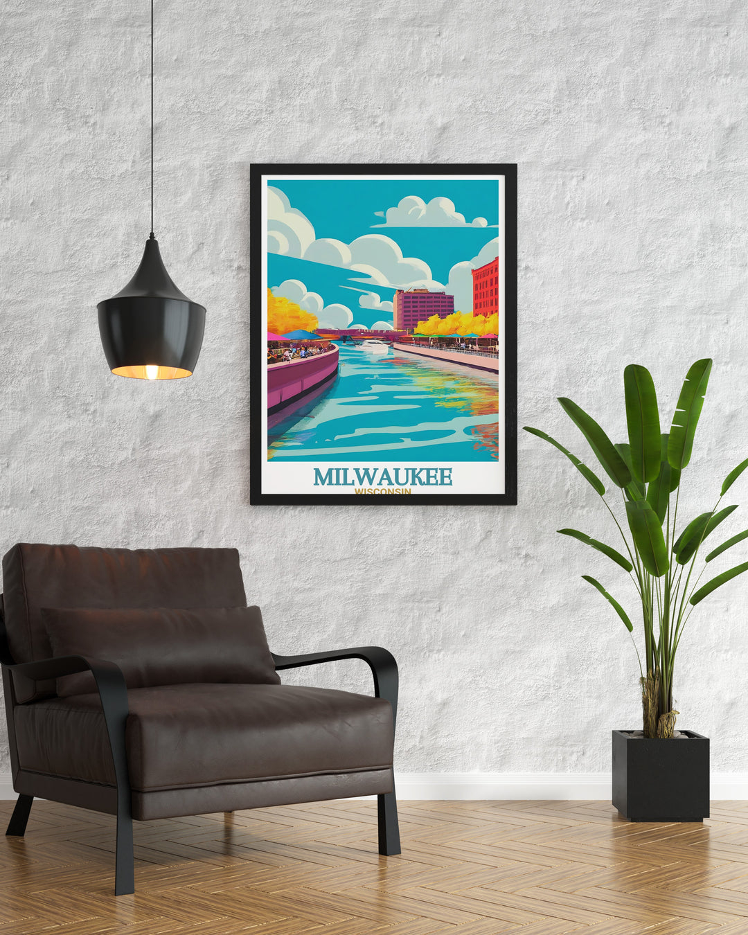 Featuring both the Milwaukee skyline and the picturesque Riverwalk, this travel poster brings the essence of the city into your space. Perfect for fans of Wisconsins urban beauty, it adds a dynamic touch to any room.