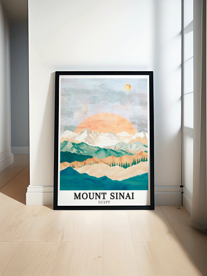 Mount Sinai Print featuring Summit Jabal Musa is a breathtaking piece of art that captures the beauty and spiritual significance of this iconic mountain making it an ideal choice for Mount Sinai Wall Art and perfect as a gift for those who appreciate sacred locations