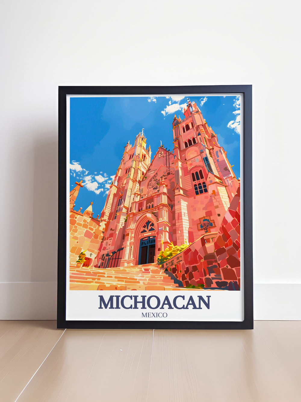 Capture the beauty of Michoacán with this stunning travel poster, featuring Morelia Cathedral and the surrounding cityscape. Its bright, bold design makes it a standout piece of wall art for any room, perfect for lovers of Mexicos history and architecture.