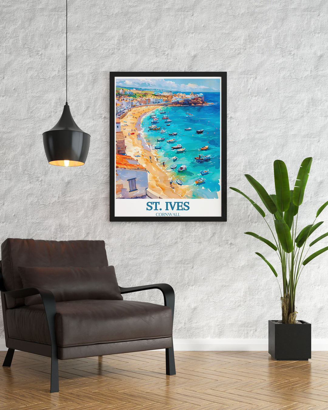 St. Ives and Porthmeor Beach are showcased in this vibrant travel poster, offering a glimpse into the rich heritage and scenic beauty of Cornwalls coast.