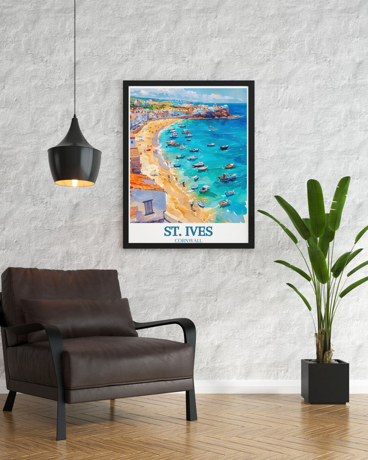 St. Ives and Porthmeor Beach are showcased in this vibrant travel poster, offering a glimpse into the rich heritage and scenic beauty of Cornwalls coast.