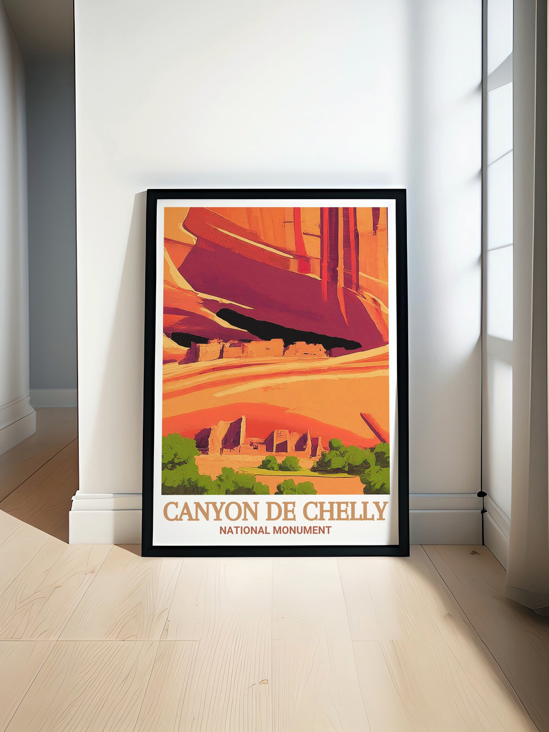 Discover the rugged beauty of Arizonas Canyon de Chelly with this travel poster, featuring the iconic Antelope House Ruin. A perfect addition to any collection of Southwest inspired decor.