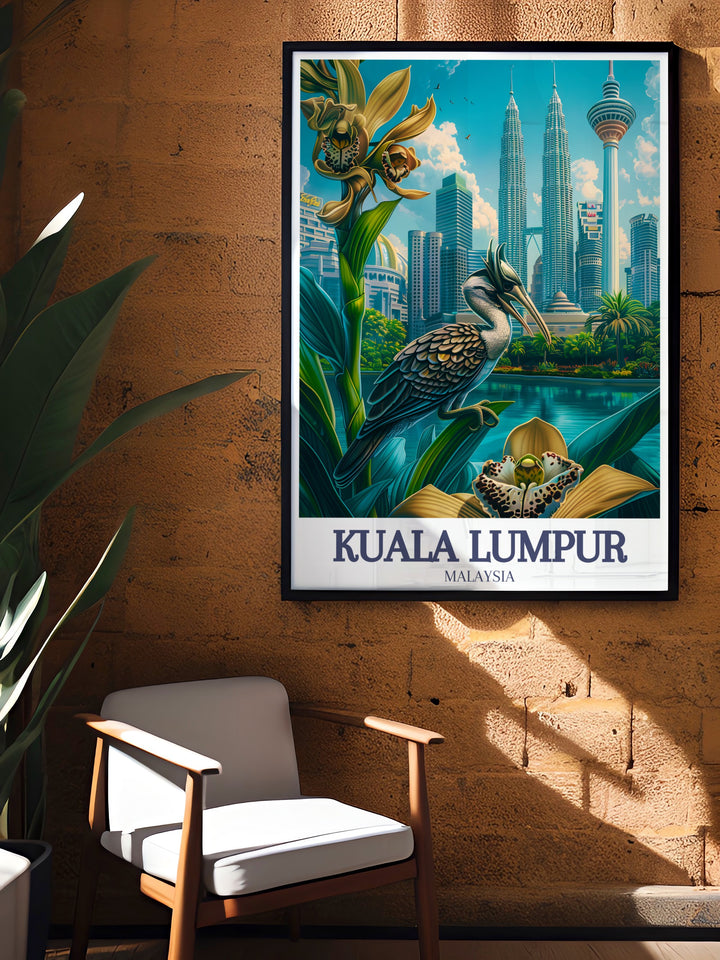 Kuala Lumpur art print highlighting the citys contrast between the towering Petronas Twin Towers and the tranquil Perdana Gardens. This travel poster is a great way to celebrate both Malaysias vibrant urban life and its peaceful green spaces.