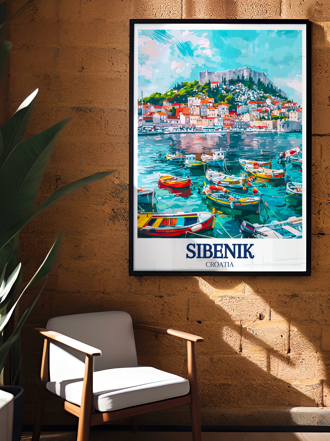 Capture the spirit of Sibenik, Croatia with this travel poster featuring St. Michaels Fortress and the scenic harbor. The vibrant and detailed artwork makes it the perfect addition to any travel enthusiasts home or office decor.