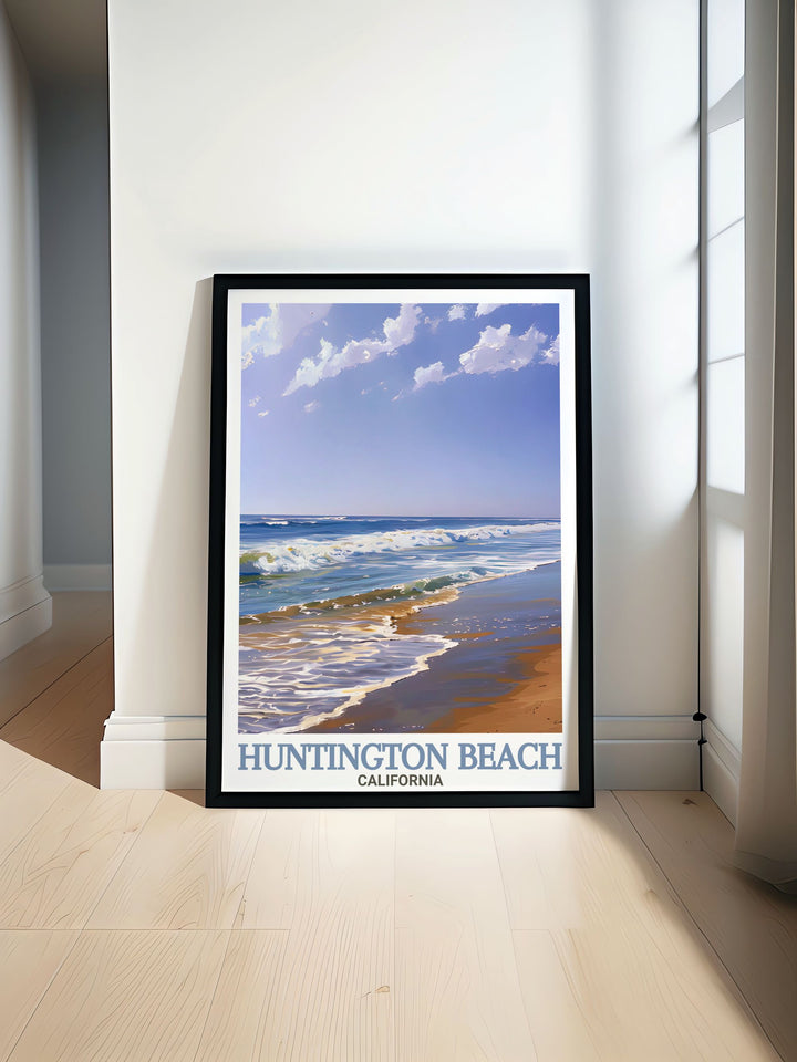 A vibrant poster print showcasing the stunning views of Huntington Beach and Huntington State Beach in California. This artwork captures the essence of Californias beach culture, with vivid colors and breathtaking scenery, making it a perfect addition to any room.