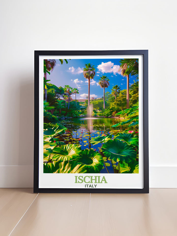 A vibrant poster print of Ischia, Italy, showcasing the lush beauty of La Mortella Gardens. Perfect for nature lovers and home décor enthusiasts, this travel print highlights the serene landscapes of Ischia with colorful details, making it an ideal gift or addition to any room.