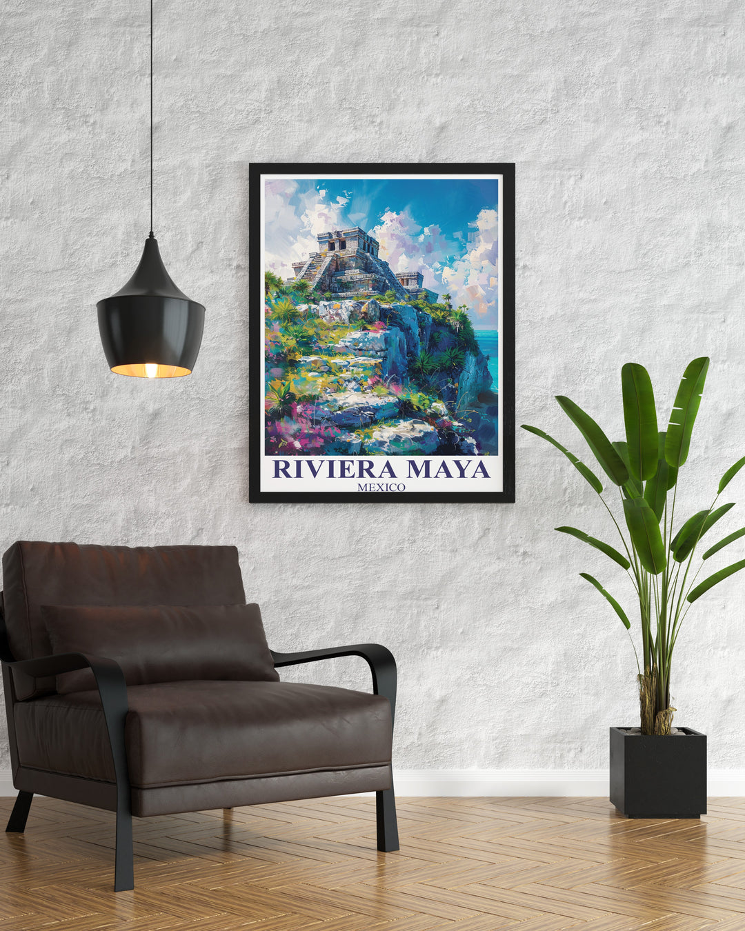 Celebrate the rich history and tropical beauty of Mexico with this Riviera Maya travel poster. The Tulum ruins stand proudly against the Rivieras stunning coastline, making this artwork a unique and captivating decor choice.