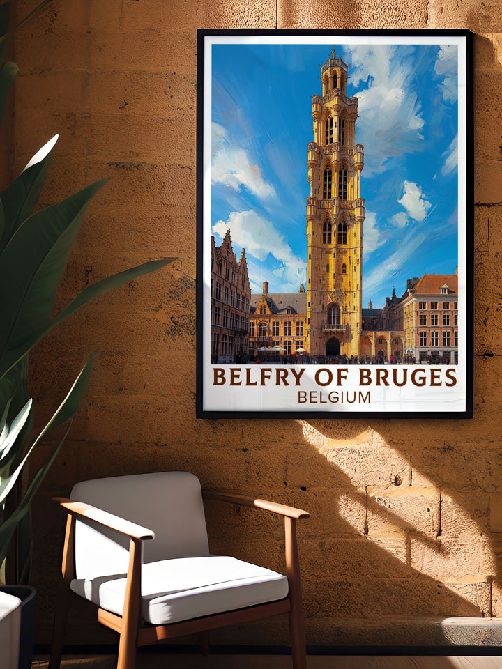 Charming Belfry of Bruges home decor highlighting the beauty of Belgiums iconic tower. This artwork brings a touch of history and elegance to any room, making it a perfect piece for art collections or travel themed decor.