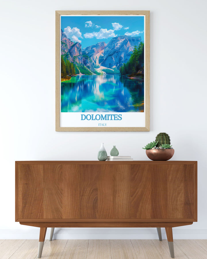 Gallery wall art illustrating the serene landscapes of Lago di Braies, with its picturesque surroundings and tranquil waters, perfect for enhancing any room with the charm of the Dolomites.
